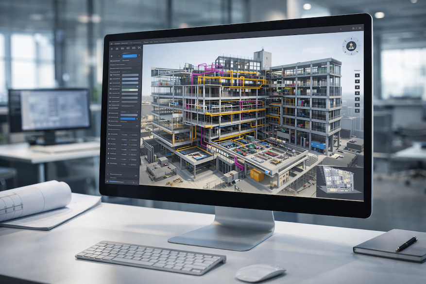3D BIM‑modell av byggprojekt på datorskärm – realistisk vy av byggnadsinformationsmodell (BIM) med detaljerad 3D‑modell av ett byggprojekt visas på dator med arkitektur‑ och konstruktionsdata i modern kontorsmiljö.